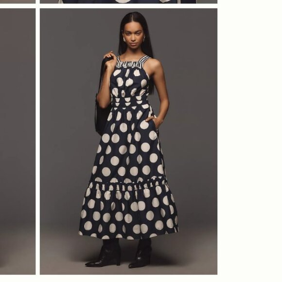 nwt Anthropologie Somerset Maxi Dress: Poplin Halter Navy White polka dots - Picture 4 of 4